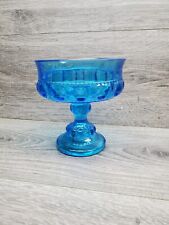Vtg Indiana Glass Kings Crown Thumbprint Compote Deep Blue Aqua Trinket Dish picture
