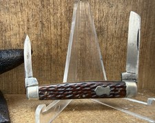 ANTIQUE EAGLE PHILA• NEW YORK KNIFE CO CONNECTION• PEACH SEED BONE 2 BLADE KNIFE picture
