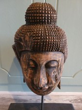 Anique Wood Carved Buddha Head and and Mount Rare picture