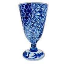 VTG Sanyo Toki “Ryuho Kiln” Arita Blue & White Stem Goblet Cup 6¼″ Patchwork picture