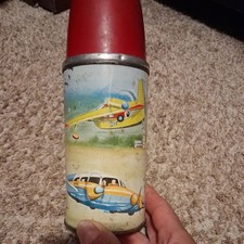 Vintage Hometown Airport Home Town 1960 Airplane Dome Lunchbox Thermos Metal picture