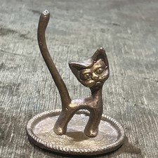 Vintage Solid Brass Cat Ring Holder Trinket Dish Pedestal Long Tail 3.25