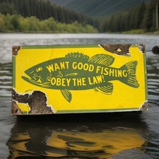 Vintage Want Good Fishing Porcelain Sign Obey The Law Common Wealth Pennsylvania picture