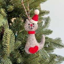 Felt Cat Santa Hat Christmas Ornament Handmade Wool Kitty Holiday Tree Decor picture