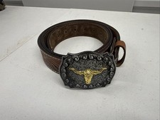 Men's Western Leather Buckle Belt Longhorn Bull Head Buckle Western Cowboy 44in picture