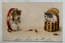 Vintage 1906 Postcard Cats Kittens Tambourine Basket Mice art embossed picture