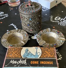 Antique Tibetian/Nepalese Brass Container and Matching Ashtrays Full Incence picture