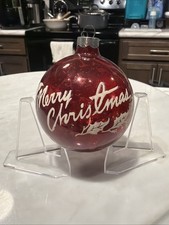 Vintage Red Glass Christmas Ornament Merry Christmas White Holly 3in picture