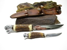RARE 1950-60'S ROBI KLAAS GERMANY PIGGYBACK STAG KNIFE SET LION POMMEL NEAR MINT picture