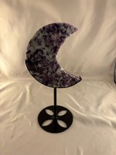 Natural Dreamy Amethyst Crescent Moon Crystal Carving on Metal Stand picture