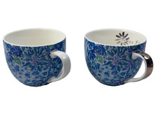 (4A) LILLY PULITZER Ceramic Mugs Blue Floral Gold Handle  12 fl oz. Set of 2 picture