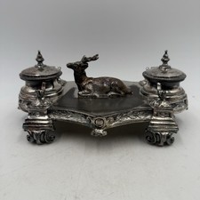 Antique Philip Ashberry & Sons Sheffield Silver Plated Stag Inkwell, Hinged Lids picture