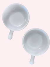 VTG SET of 2 Glasbake J2663 Oven Milk Glass White Handled Bowl w/ Lug Handle MCM picture