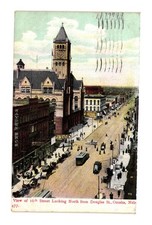 Vintage 1909 Omaha NE 16th St Douglas Street Scene Clock Tower Postcard picture