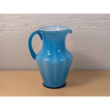 Vintage MCM Blue Cased Hand Blown Glass Pitcher picture