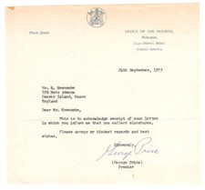 George Cadle Price Signed Letter 1973 / Autographed Premiere Belize  picture