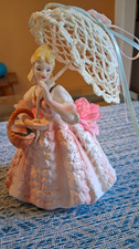 Lefton Hand-Painted Porcelain Girl Figurine w Parasol Basket, Pink White picture