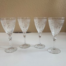 Vintage Etched Fostoria Crystal Wine Goblets (4)Floral Basket Ribbon Design 5.5