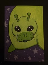 ACEO Original Artwork silly alien seal cute 2.5x3.5in Acrylic Paint Markers picture