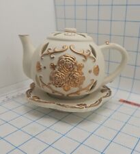 Partylite P7301 Tea Time Teapot Tealight Holder - White/Gold Roses - New picture