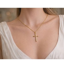 10K Yellow Gold TUBULAR CROSS WITH BEVEL EDGES 26MM NEW REAL SOLID GOLD JEWELRY picture