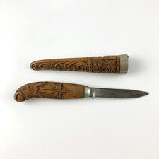 Antique Norwegian Bunad Knife | Folk Art Acanthus Style Wood Carving with Sheath picture