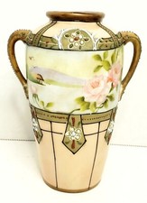 Vintage Nippon Double Handled Vase Moriage Porcelain Floral Japan 6