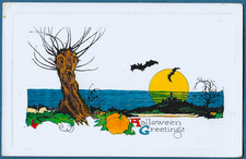 Antique Gibson Halloween Postcard, Moon Rising w Bats Over Landscape,PERFECT picture