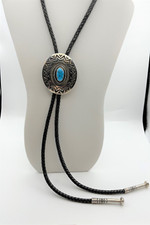 SIGNED VTG Native American NAVAJO BOLO TIE   Leonard Gene STERLING braided crd picture