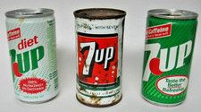 Vintage 7UP Steel Soda Cans Lot of 3 - 1970s & 1980s Regular, Diet NutraSweet picture