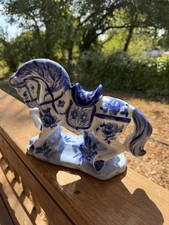 Vintage Blue And White Hand Painted Porcelain Show Horse Statue. picture