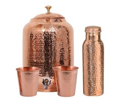 Hand Crunch Copper Water Dispenser 8L Hammered Finish with 2 Tumbler Glasses picture