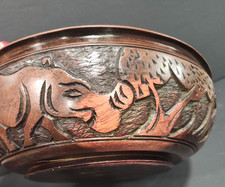 East African Safari Hand Carved Ironwood Bowl Elephant, Rhino Vintage 12” picture