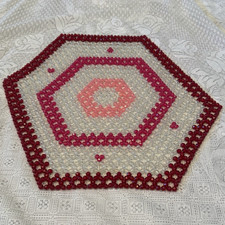 Vintage Handmade Beaded Table Mat Doily Red Pink Clear 18” Hexagon Retro picture
