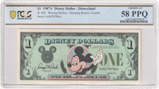 1987A R-002 $1 Disney Dollar Waving Mickey/Sleeping Beauty's Castle PCGS 58 PPQ picture