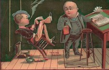 1880s-90s Boy Leaning in Chair Taking Order from Client Trade Card picture