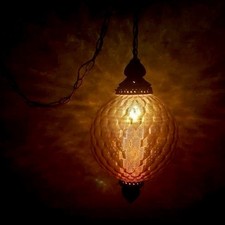 Vintage MCM Amber Honeycomb Glass Globe Swag Pendant Lamp 1960s 70s Ships picture