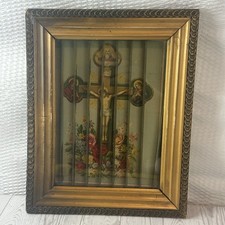 Antique 3Way Religious Triscenium 1890s Jesus Mary Crucifixion Gesso Frame 13x11 picture