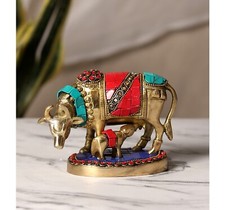 Gemstone Work 5.5 Inches Kamdhenu Cow Brass Showpiece picture