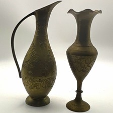 Vintage Engraved Brass Vase & Ewer Pitcher Set Floral India 5.5” 6” picture