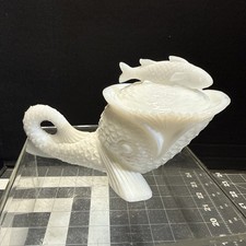 Vintage Kemple White Milk Glass Dolphin Koi Fish Lidded Candy Dish Covered Dish picture