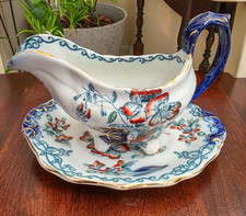 RARE-Antique Burgess & Leigh Flow Blue Apsley Plants Gravy Boat & Underplate Set picture