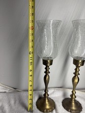 Vintage Hosley brass pedestal votive candle holders, crackle glass set of 2 picture