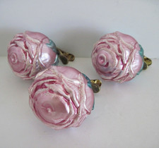 3 Vintage Pink Rose Flower Clip On Christmas Ornaments Glitter Glass picture