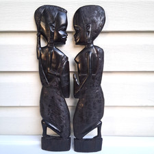 Vintage Authentic African Hand Carving Ebony Wood Pair Man Woman Wall Art 17