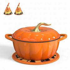 5 QT Pumpkin Shaped Cast Iron Dutch Oven with Lid, Halloween Pot Mat, Oven Mitts picture