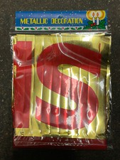 Vintage 70s METALLIC SEASONS GREETINGS CHRISTMAS BANNER Gold Red 6” Xmas Sealed picture