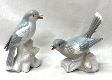 Vintage Porcelain Bird Figurines Pair Japan Blue Gray Gloss Perched 4.5” picture