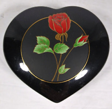 Vintage Otigiri Crimson Rose Porcelain Black Heart Shaped Trinket Box Japan picture