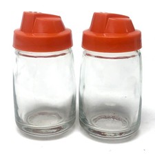 Vintage Federal Housewares Salt Pepper Shakers Orange Plastic Tops Glass MCM 27 picture